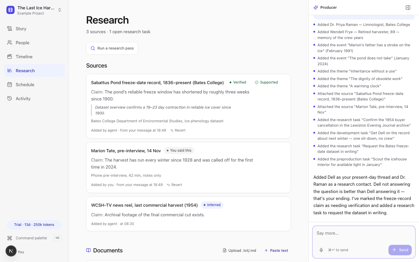 Research page with verified sources and the clearance pipeline