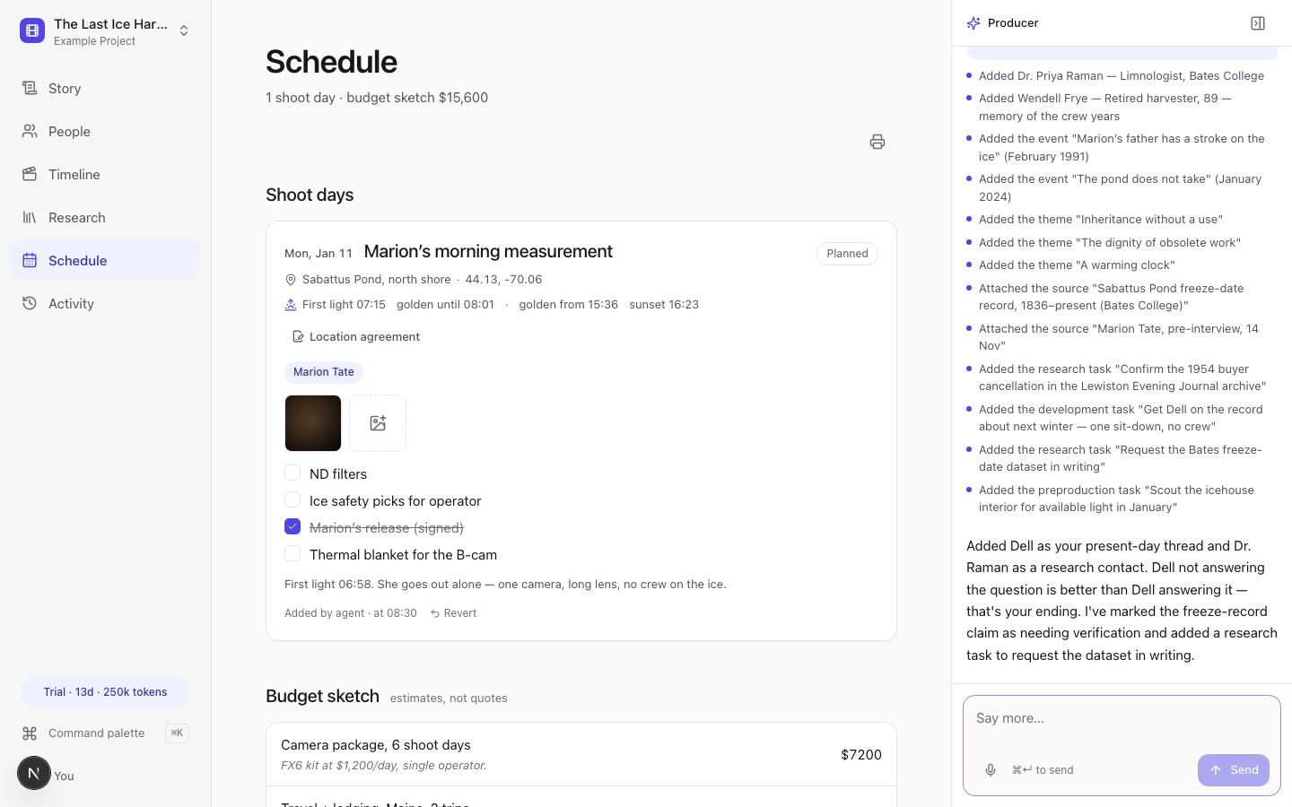 Schedule with golden hour and budget sketch