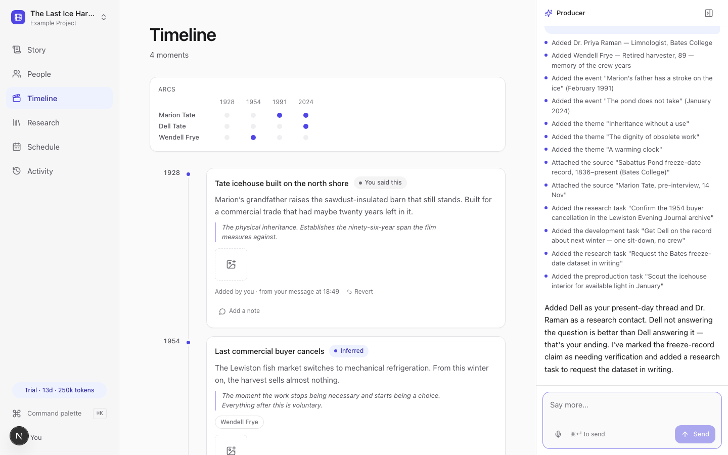 Timeline with arc lanes and the paper edit
