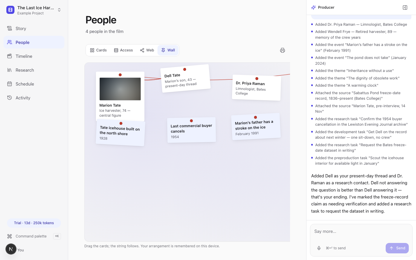 The wall — pinned index cards connected by red string